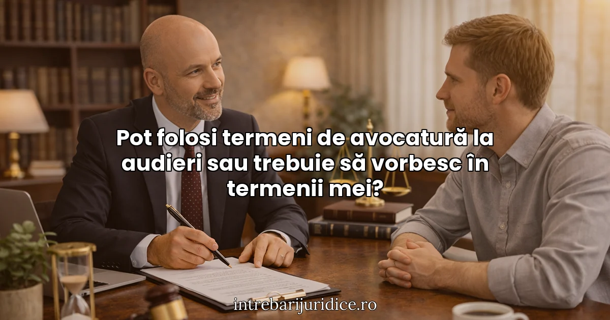 Pot folosi termeni de avocatură la audieri sau trebuie să vorbesc în termenii mei?